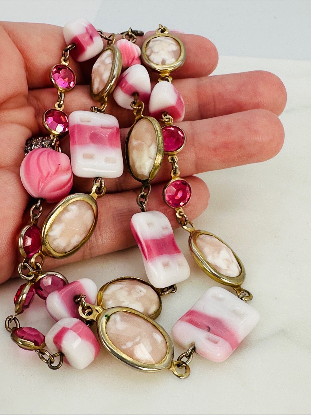 Vintage Pink White Striped Molded Candy Bead Necklace Bezel Faceted Crystal 60s